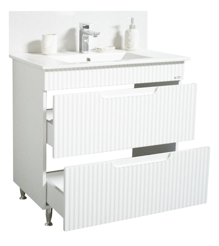 Bază MDF și lavoar Seria 033, 80cm, cu sertare, alb rustic