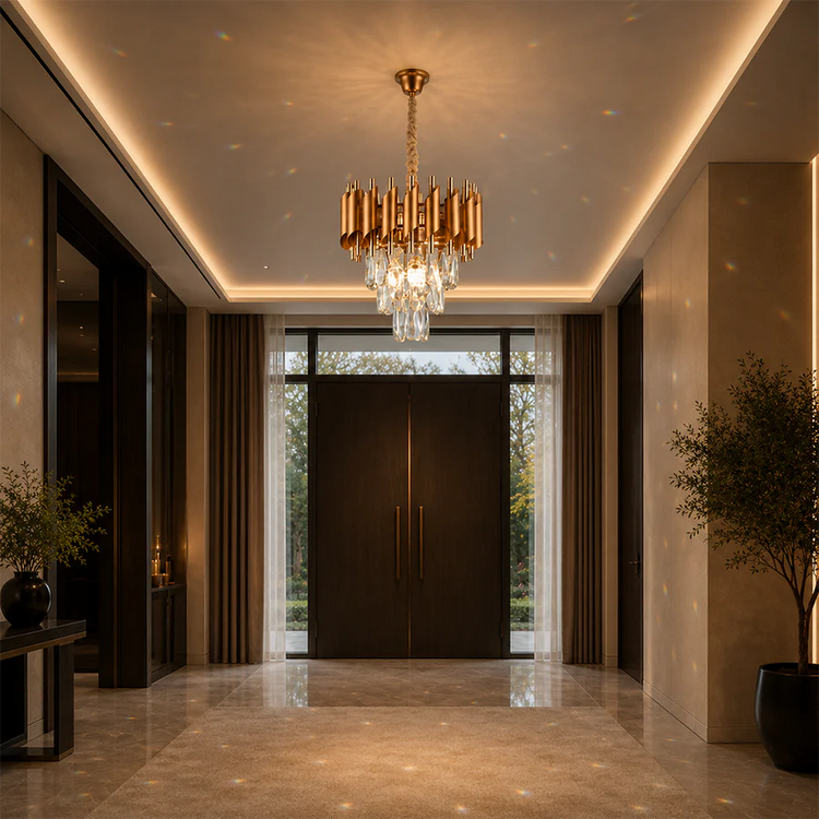 Candelabru Cristal VERSAILLES Petito 3xE14, Diametru 30cm, Auriu, Inaltime Reglabila, Metal si Cristal
