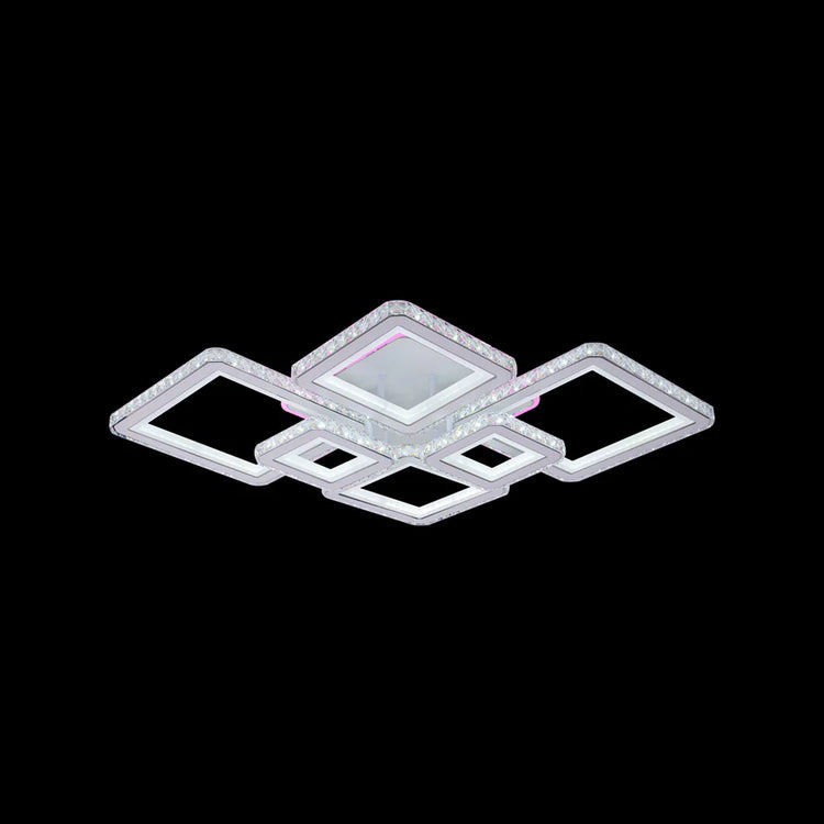 Lustra LED cu telecomanda si cristal QUADRIS RGB 170W, 6 Patrate, Lumina Rece/Calda/Neutra, Dimabila, Alb