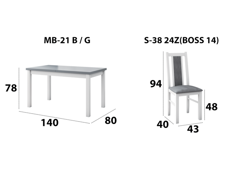 Set masa extensibila 140-180x80 cm cu 6 scaune tapitate, mb-21 modena1 si s-38 boss14 b24b, alb/grafit, lemn masiv de fag, stofa
