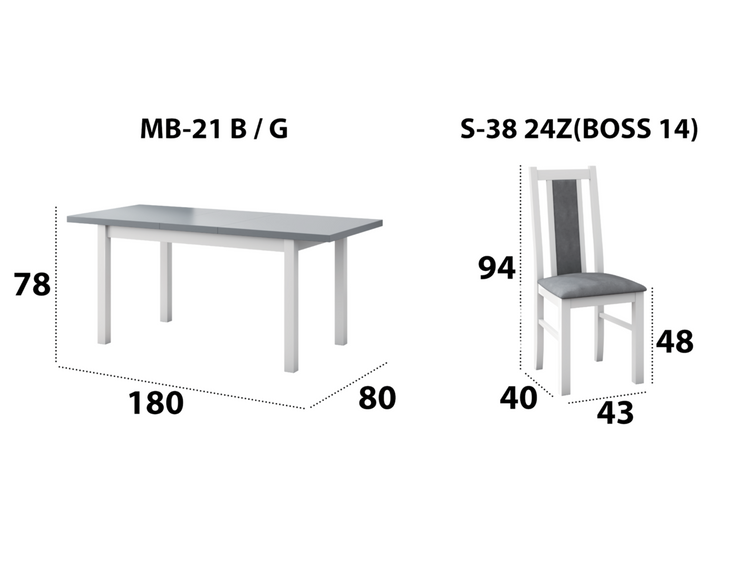 Set masa extensibila 140-180x80 cm cu 6 scaune tapitate, mb-21 modena1 si s-38 boss14 b24b, alb/grafit, lemn masiv de fag, stofa