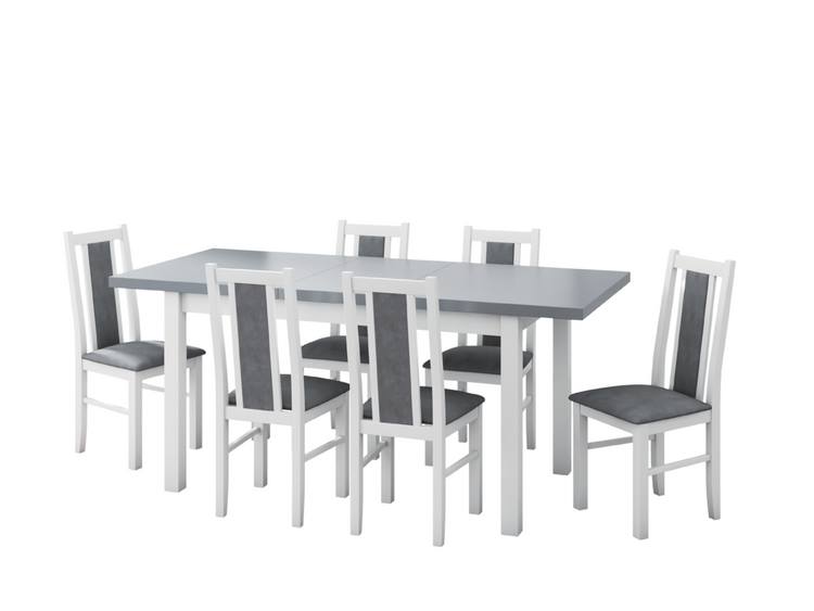 Set masa extensibila 140-180x80 cm cu 6 scaune tapitate, mb-21 modena1 si s-38 boss14 b24b, alb/grafit, lemn masiv de fag, stofa