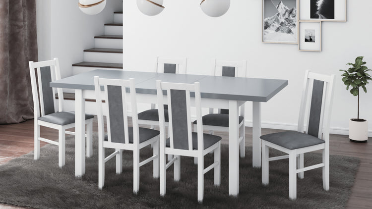 Set masa extensibila 140-180x80 cm cu 6 scaune tapitate, mb-21 modena1 si s-38 boss14 b24b, alb/grafit, lemn masiv de fag, stofa