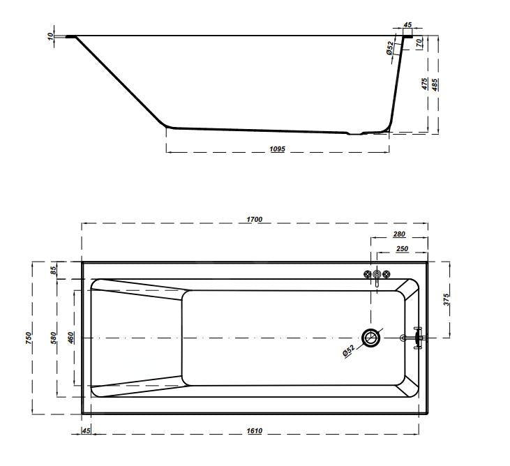 Cadă 170x75 cm, picioare incluse, albă S301-226