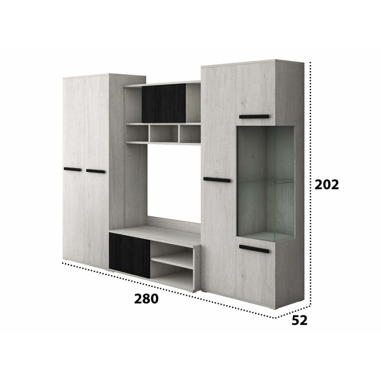 Bibliotecă living Paul, 280 cm, Alb Murdar / Pin Negru Norvegian