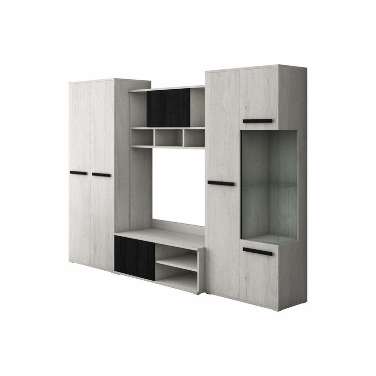 Bibliotecă living Paul, 280 cm, Alb Murdar / Pin Negru Norvegian