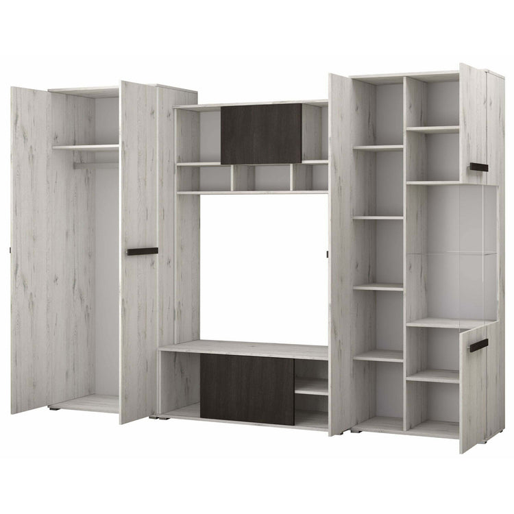 Bibliotecă living Paul, 280 cm, Alb Murdar / Pin Negru Norvegian