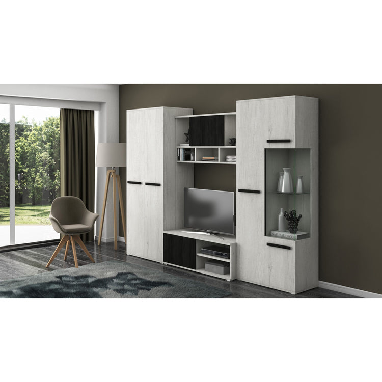 Bibliotecă living Paul, 280 cm, Alb Murdar / Pin Negru Norvegian