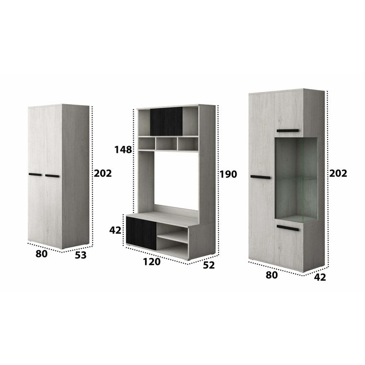 Bibliotecă living Paul, 280 cm, Alb Murdar / Pin Negru Norvegian