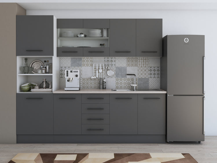Bucatarie Alfa, 240cm, cu soldat, vitrina si blat termic