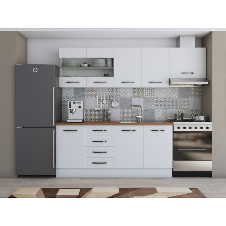 Bucatarie Alfa, 240cm, cu soldat, vitrina si blat termic
