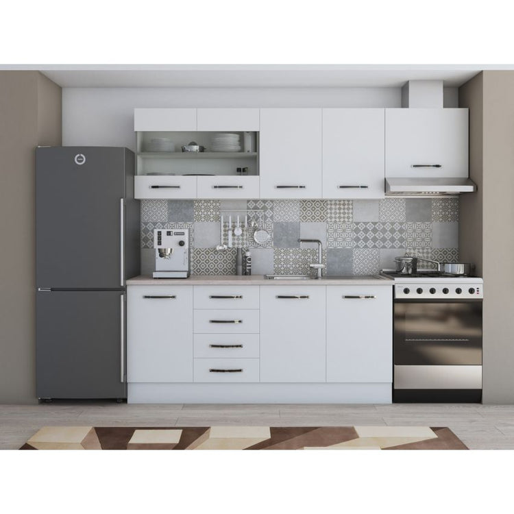 Bucatarie Alfa, 240cm, cu soldat, vitrina si blat termic