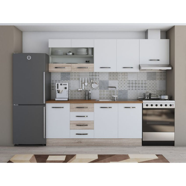 Bucatarie Alfa, 240cm, cu soldat, vitrina si blat termic