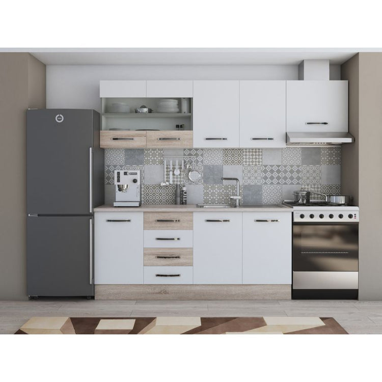 Bucatarie Alfa, 240cm, cu soldat, vitrina si blat termic