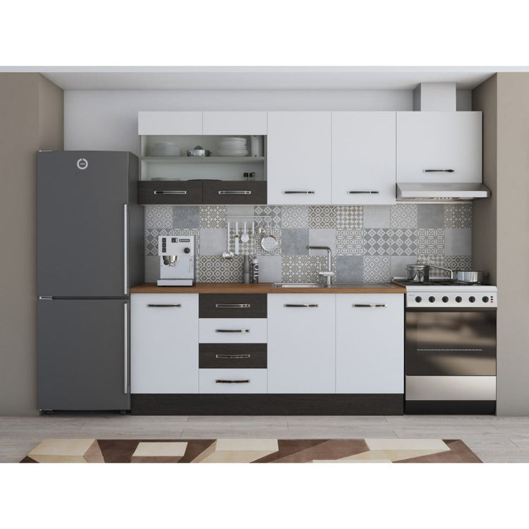 Bucatarie Alfa, 240cm, cu soldat, vitrina si blat termic