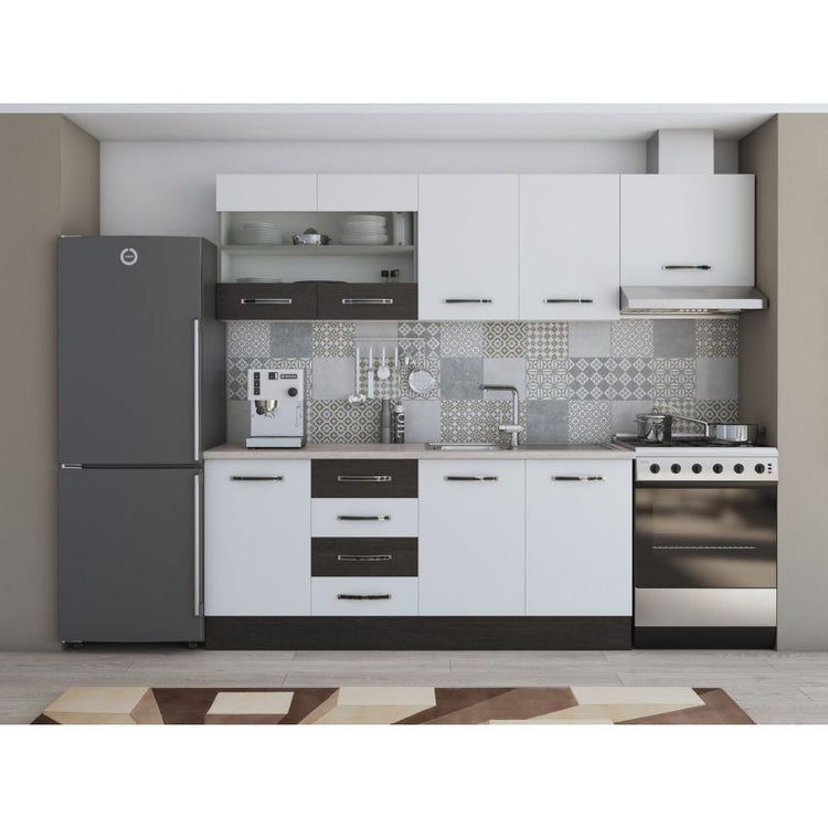 Bucatarie Alfa, 240cm, cu soldat, vitrina si blat termic