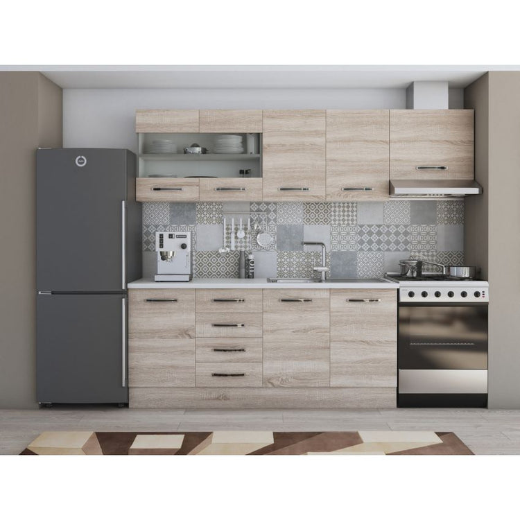 Bucatarie Alfa, 240cm, cu soldat, vitrina si blat termic