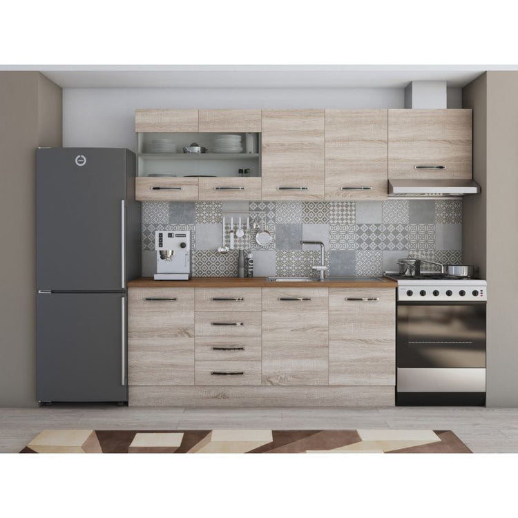 Bucatarie Alfa, 240cm, cu soldat, vitrina si blat termic