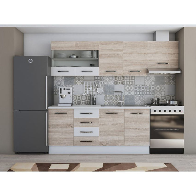 Bucatarie Alfa, 240cm, cu soldat, vitrina si blat termic