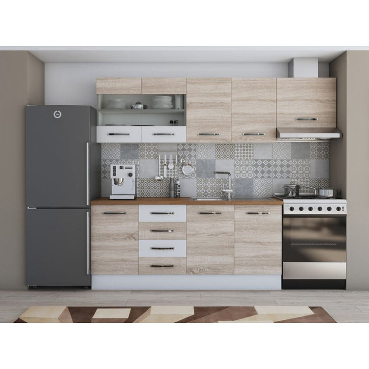 Bucatarie Alfa, 240cm, cu soldat, vitrina si blat termic