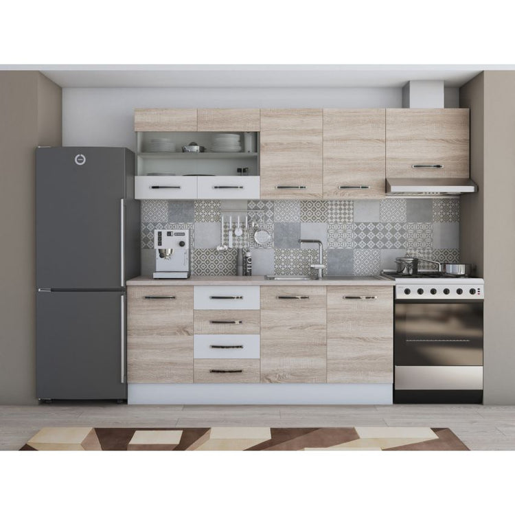 Bucatarie Alfa, 240cm, cu soldat, vitrina si blat termic