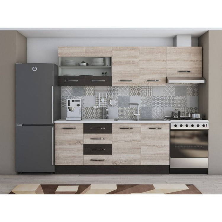 Bucatarie Alfa, 240cm, cu soldat, vitrina si blat termic