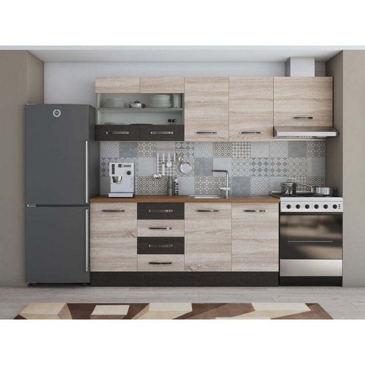 Bucatarie Alfa, 240cm, cu soldat, vitrina si blat termic