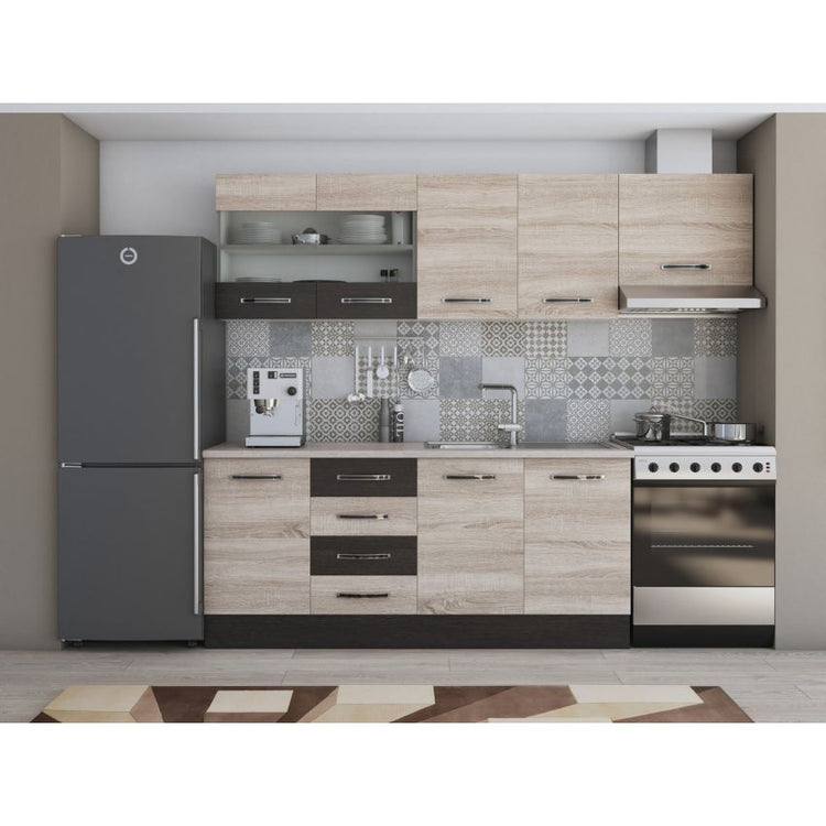 Bucatarie Alfa, 240cm, cu soldat, vitrina si blat termic