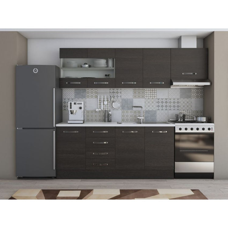 Bucatarie Alfa, 240cm, cu soldat, vitrina si blat termic