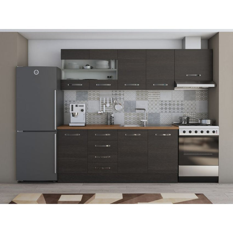 Bucatarie Alfa, 240cm, cu soldat, vitrina si blat termic