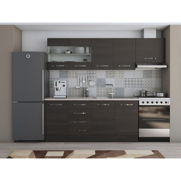 Bucatarie Alfa, 240cm, cu soldat, vitrina si blat termic