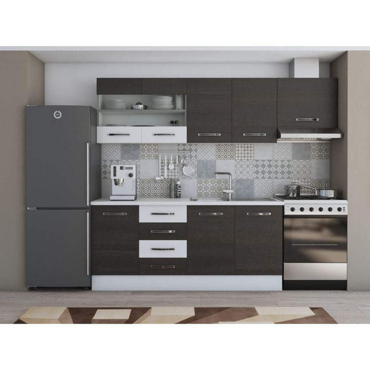Bucatarie Alfa, 240cm, cu soldat, vitrina si blat termic