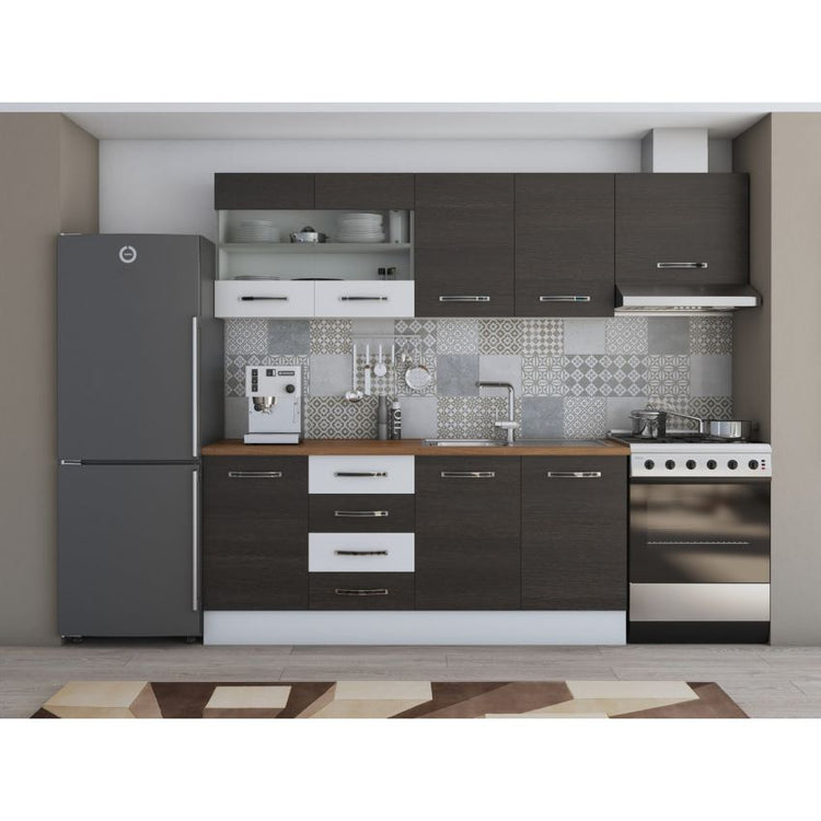 Bucatarie Alfa, 240cm, cu soldat, vitrina si blat termic