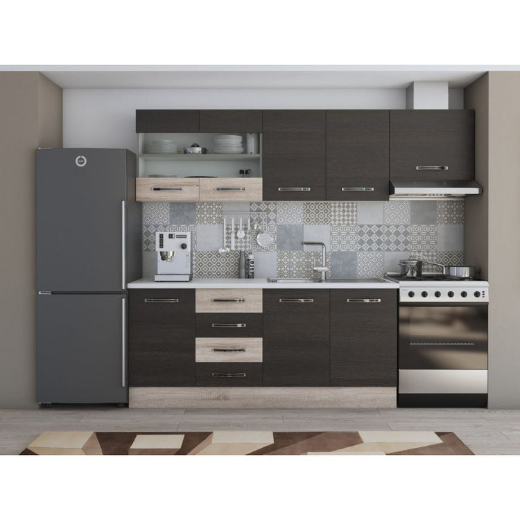 Bucatarie Alfa, 240cm, cu soldat, vitrina si blat termic