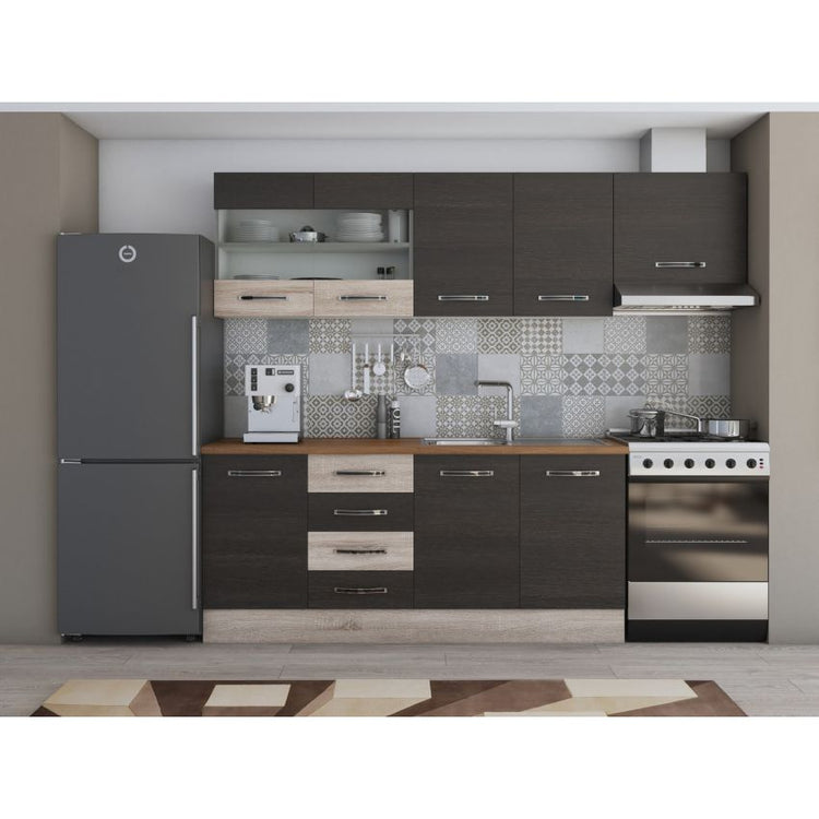 Bucatarie Alfa, 240cm, cu soldat, vitrina si blat termic