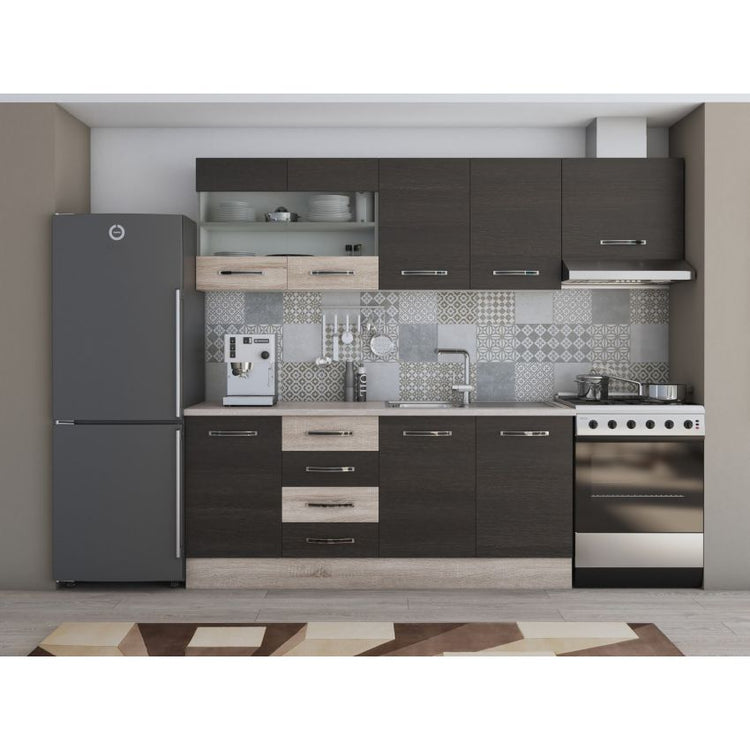 Bucatarie Alfa, 240cm, cu soldat, vitrina si blat termic
