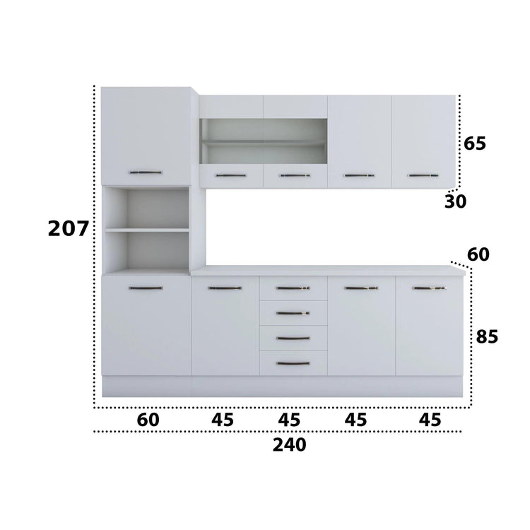 Bucatarie Alfa, 240cm, cu soldat, vitrina si blat termic