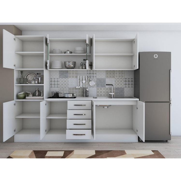 Bucatarie Alfa, 240cm, cu soldat, vitrina si blat termic