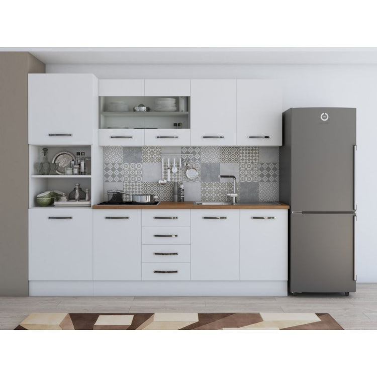 Bucatarie Alfa, 240cm, cu soldat, vitrina si blat termic