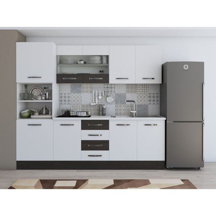 Bucatarie Alfa, 240cm, cu soldat, vitrina si blat termic