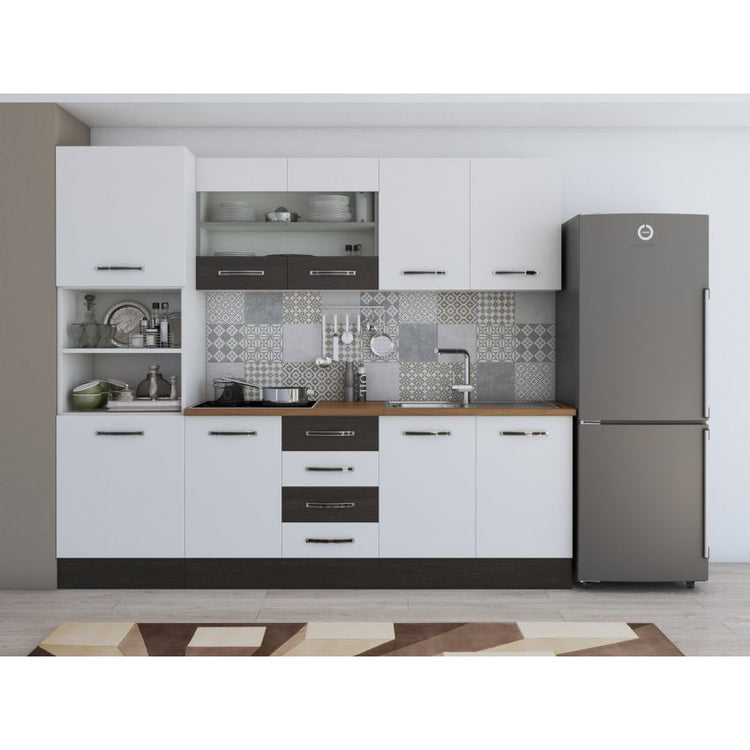 Bucatarie Alfa, 240cm, cu soldat, vitrina si blat termic