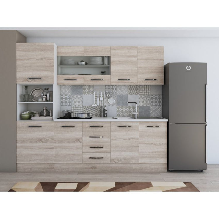 Bucatarie Alfa, 240cm, cu soldat, vitrina si blat termic