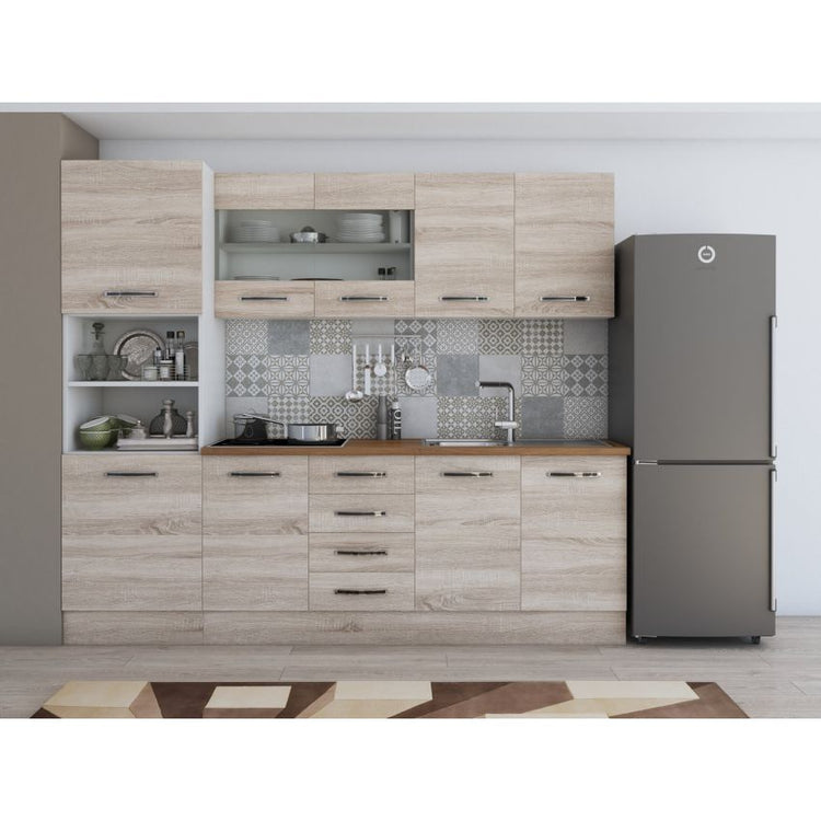 Bucatarie Alfa, 240cm, cu soldat, vitrina si blat termic