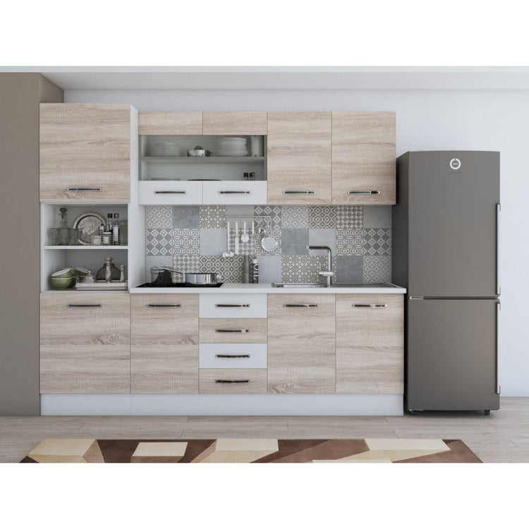 Bucatarie Alfa, 240cm, cu soldat, vitrina si blat termic