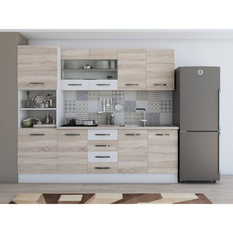 Bucatarie Alfa, 240cm, cu soldat, vitrina si blat termic