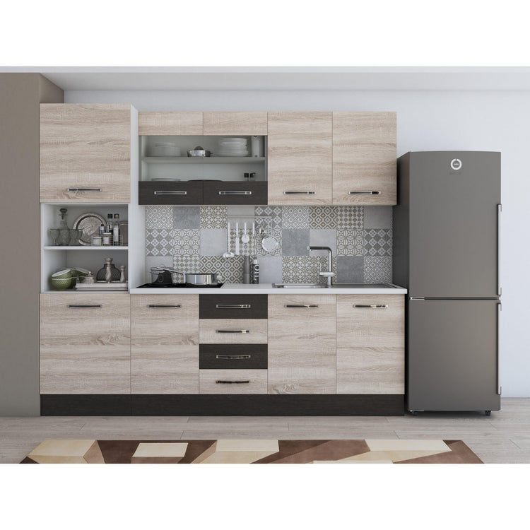 Bucatarie Alfa, 240cm, cu soldat, vitrina si blat termic