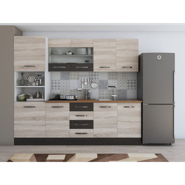 Bucatarie Alfa, 240cm, cu soldat, vitrina si blat termic