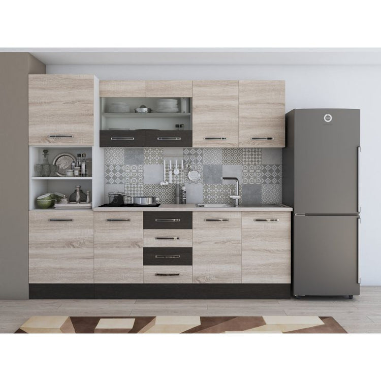 Bucatarie Alfa, 240cm, cu soldat, vitrina si blat termic