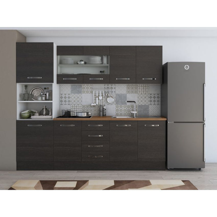 Bucatarie Alfa, 240cm, cu soldat, vitrina si blat termic