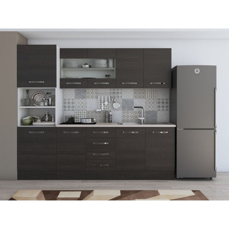 Bucatarie Alfa, 240cm, cu soldat, vitrina si blat termic